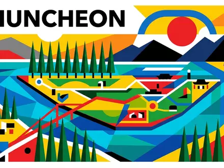 Bauhaus-Poster als geometrische Abstraktion von Nami Island in Chuncheon Sudkorea, kraeftige Grundfarben und harte Formkanten - Foto: THN