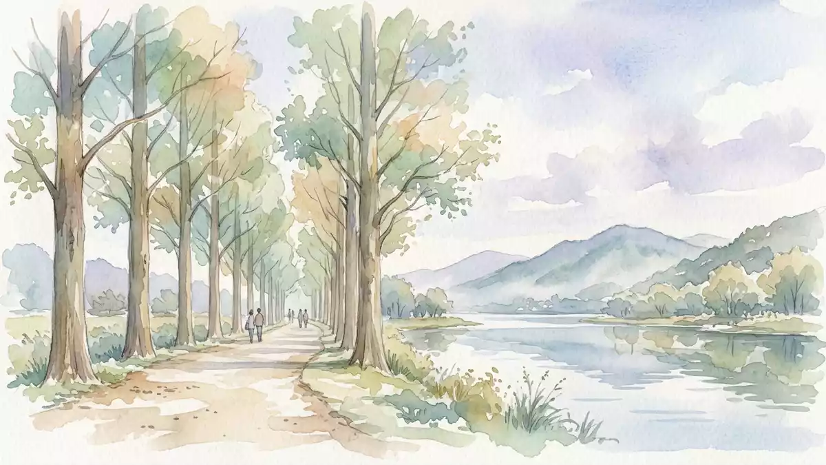 Aquarell-Illustration von Nami Island in Chuncheon, Sudkorea als Reiseposter