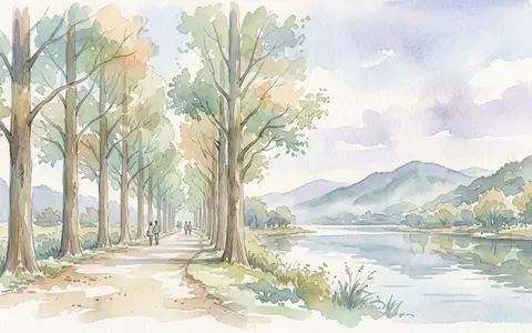 Aquarellillustration des Wahrzeichens Nami Island in Chuncheon Sudkorea, weiche Farbverläufe und pastelliges Reiseposter-Feeling - Foto: THN