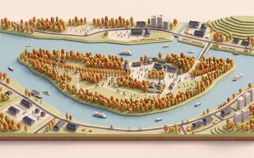 Isometrisches Diorama von Nami Island und Umgebung in Chuncheon Sudkorea, verspielte Low-Poly-Kulisse in Pastellfarben - Foto: THN