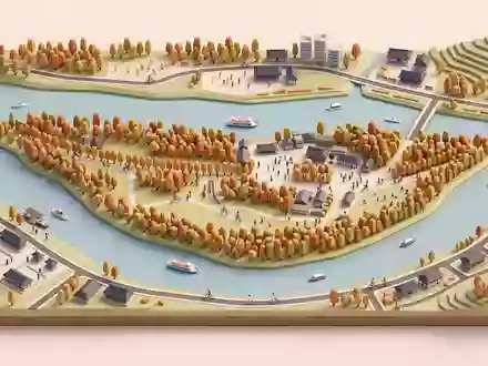 Isometrisches Diorama von Nami Island und Umgebung in Chuncheon Sudkorea, verspielte Low-Poly-Kulisse in Pastellfarben - Foto: THN