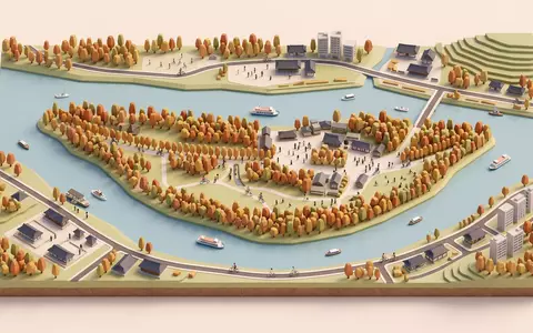 Isometrisches Diorama von Nami Island und Umgebung in Chuncheon Sudkorea, verspielte Low-Poly-Kulisse in Pastellfarben - Foto: THN