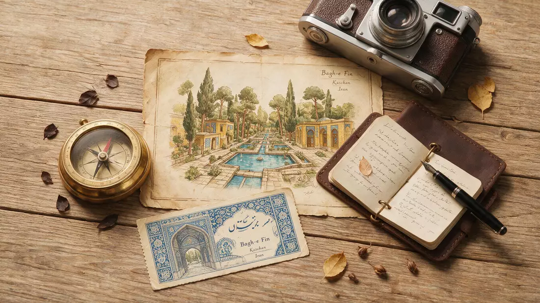Flatlay-Reise-Arrangement rund um Fin-Garten Kaschan in Kaschan, Iran
