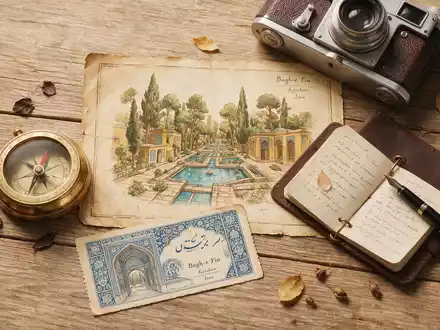 Flatlay-Reise-Arrangement rund um Fin-Garten Kaschan in Kaschan Iran, Karte Kompass Kamera und generische Reiserequisiten - Foto: THN