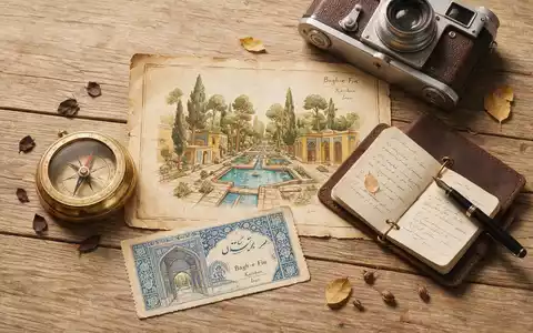Flatlay-Reise-Arrangement rund um Fin-Garten Kaschan in Kaschan Iran, Karte Kompass Kamera und generische Reiserequisiten - Foto: THN