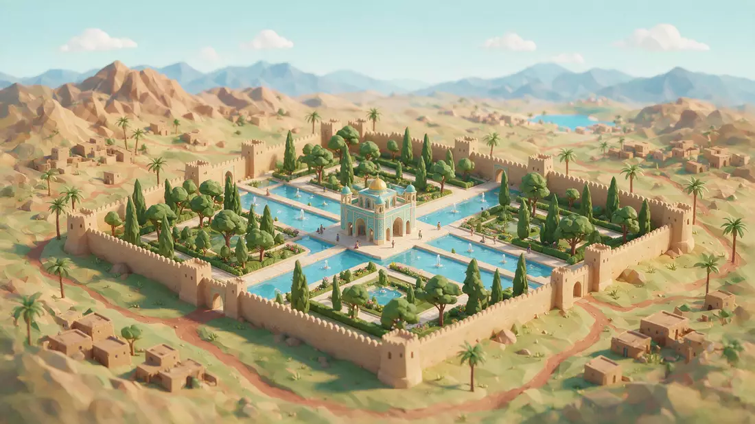 Isometrisches Diorama von Fin-Garten Kaschan in Kaschan, Iran in Pastell