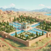 Isometrisches Diorama von Fin-Garten Kaschan und Umgebung in Kaschan Iran, verspielte Low-Poly-Kulisse in Pastellfarben - Foto: THN