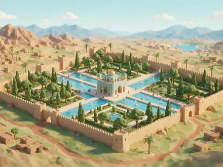 Isometrisches Diorama von Fin-Garten Kaschan und Umgebung in Kaschan Iran, verspielte Low-Poly-Kulisse in Pastellfarben - Foto: THN