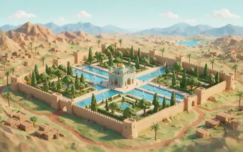 Isometrisches Diorama von Fin-Garten Kaschan und Umgebung in Kaschan Iran, verspielte Low-Poly-Kulisse in Pastellfarben - Foto: THN