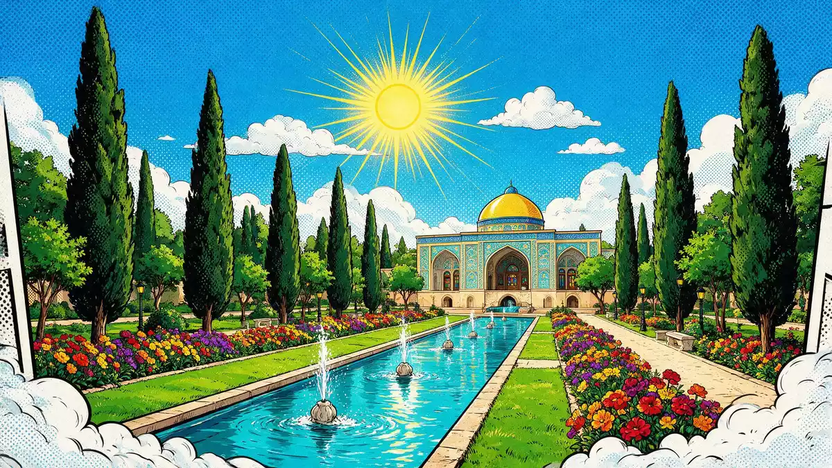 Pop-Art-Comic von Fin-Garten Kaschan in Kaschan, Iran mit Rasterpunkten