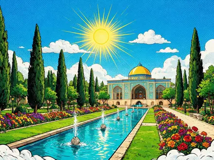 Pop-Art-Comicillustration des Wahrzeichens Fin-Garten Kaschan in Kaschan Iran, kraeftige Konturen Rasterpunkte und satte Farben - Foto: THN