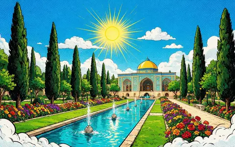 Pop-Art-Comicillustration des Wahrzeichens Fin-Garten Kaschan in Kaschan Iran, kraeftige Konturen Rasterpunkte und satte Farben - Foto: THN