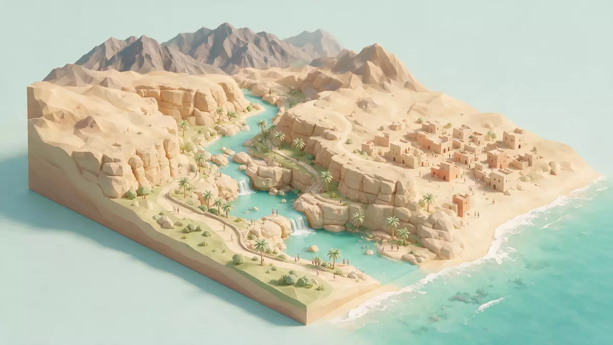 Isometrisches Diorama von Wadi Shab in Sur, Oman in Pastell