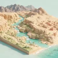 Isometrisches Diorama von Wadi Shab und Umgebung in Sur Oman, verspielte Low-Poly-Kulisse in Pastellfarben - Foto: THN