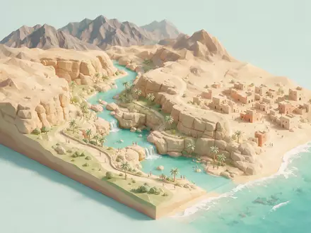 Isometrisches Diorama von Wadi Shab und Umgebung in Sur Oman, verspielte Low-Poly-Kulisse in Pastellfarben - Foto: THN