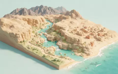Isometrisches Diorama von Wadi Shab und Umgebung in Sur Oman, verspielte Low-Poly-Kulisse in Pastellfarben - Foto: THN