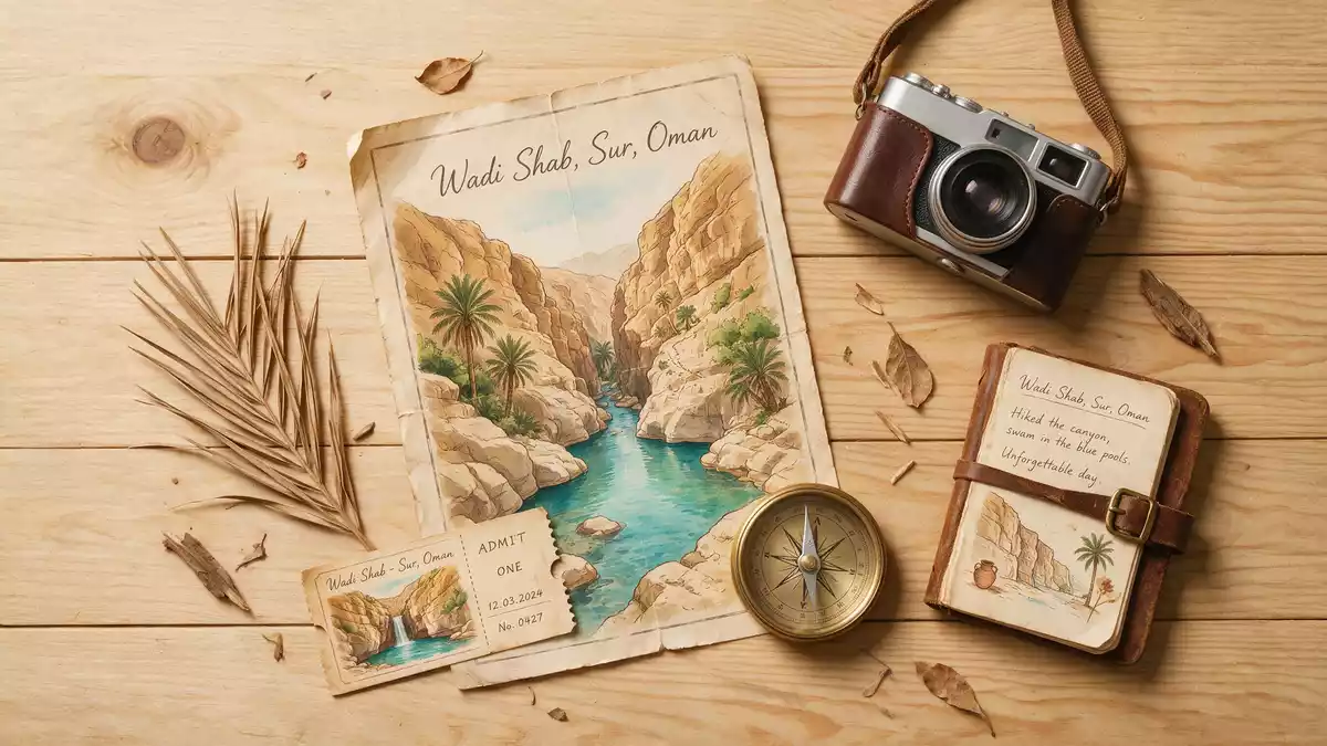 Flatlay-Reise-Arrangement rund um Wadi Shab in Sur, Oman