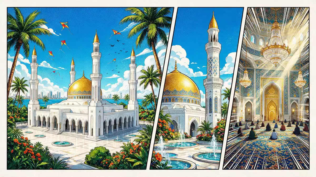 Pop-Art-Comic von Al-Fateh-Moschee Manama in Manama, Bahrain mit Rasterpunkten