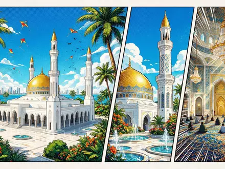 Pop-Art-Comicillustration des Wahrzeichens Al-Fateh-Moschee Manama in Manama Bahrain, kraeftige Konturen Rasterpunkte und satte Farben - Foto: THN