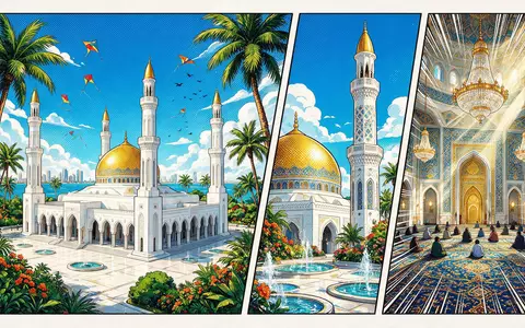 Pop-Art-Comicillustration des Wahrzeichens Al-Fateh-Moschee Manama in Manama Bahrain, kraeftige Konturen Rasterpunkte und satte Farben - Foto: THN