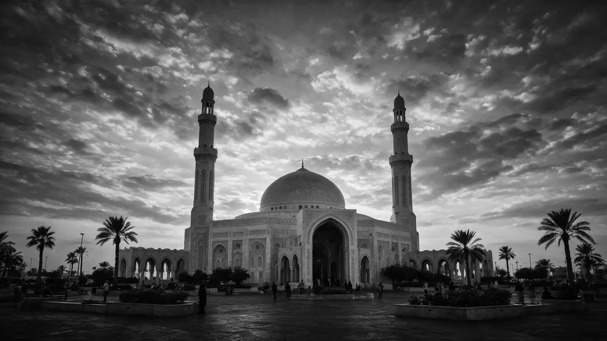 Schwarzweiss-Reportage vom Wahrzeichen Al-Fateh-Moschee Manama in Manama, Bahrain