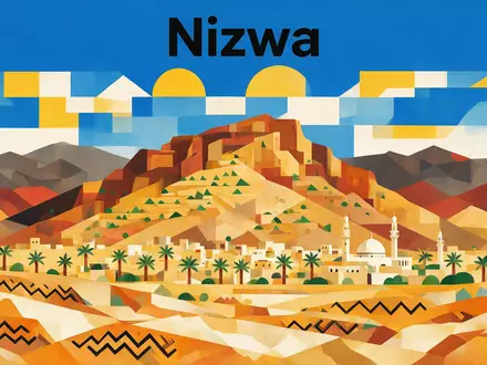 Bauhaus-Poster als geometrische Abstraktion von Jabal Akhdar Oman in Nizwa Oman, kraeftige Grundfarben und harte - Foto: THN