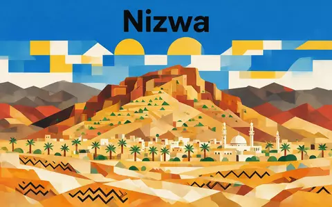 Bauhaus-Poster als geometrische Abstraktion von Jabal Akhdar Oman in Nizwa Oman, kraeftige Grundfarben und harte - Foto: THN