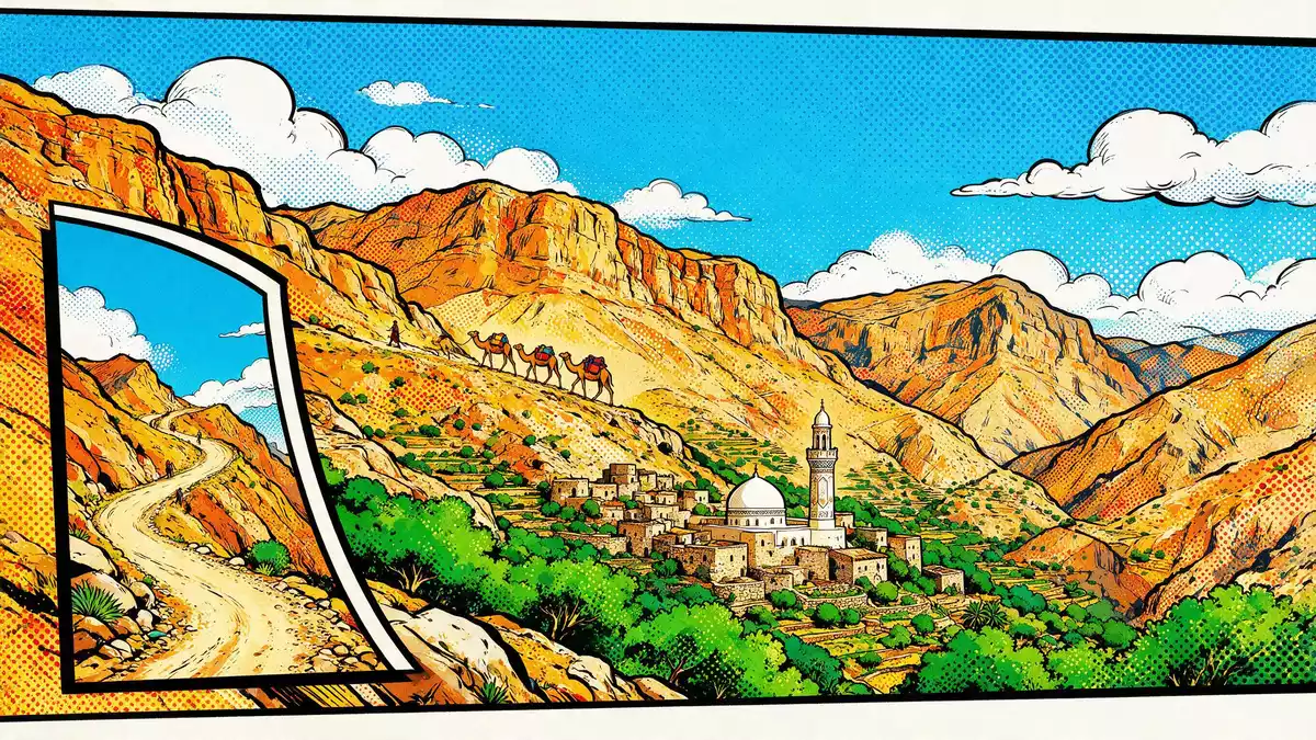 Pop-Art-Comic von Jabal Akhdar Oman in Nizwa, Oman mit Rasterpunkten
