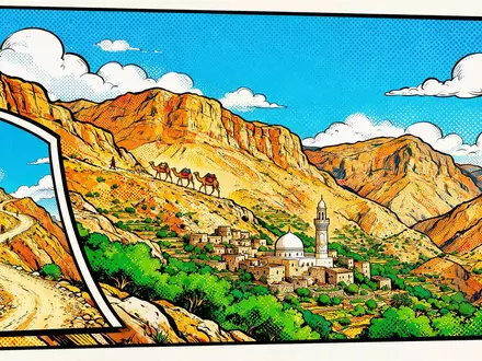 Pop-Art-Comicillustration des Wahrzeichens Jabal Akhdar Oman in Nizwa Oman, kraeftige Konturen Rasterpunkte und satte Farben - Foto: THN