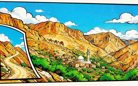 Pop-Art-Comicillustration des Wahrzeichens Jabal Akhdar Oman in Nizwa Oman, kraeftige Konturen Rasterpunkte und satte Farben - Foto: THN