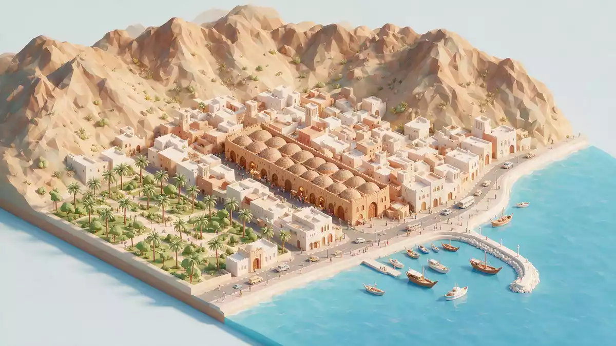 Isometrisches Diorama von Mutrah Souq in Maskat, Oman in Pastell
