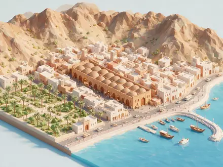 Isometrisches Diorama von Mutrah Souq und Umgebung in Maskat Oman, verspielte Low-Poly-Kulisse in Pastellfarben - Foto: THN