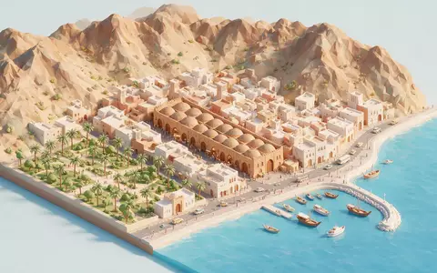 Isometrisches Diorama von Mutrah Souq und Umgebung in Maskat Oman, verspielte Low-Poly-Kulisse in Pastellfarben - Foto: THN