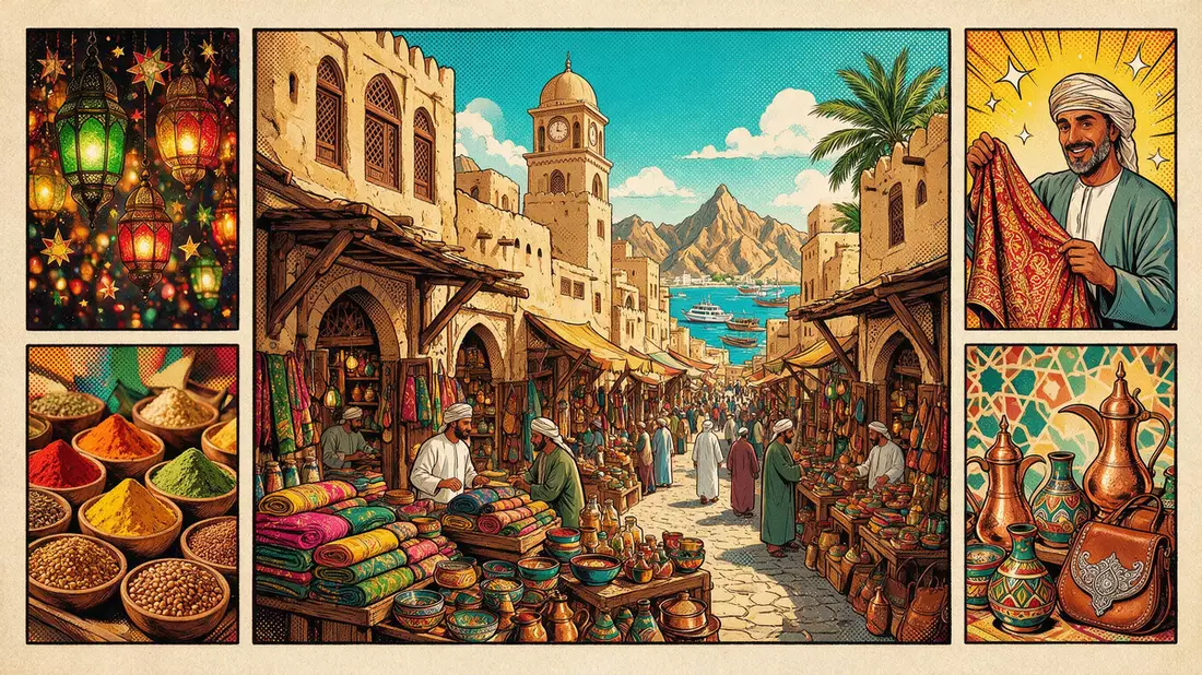 Pop-Art-Comic von Mutrah Souq in Maskat, Oman mit Rasterpunkten