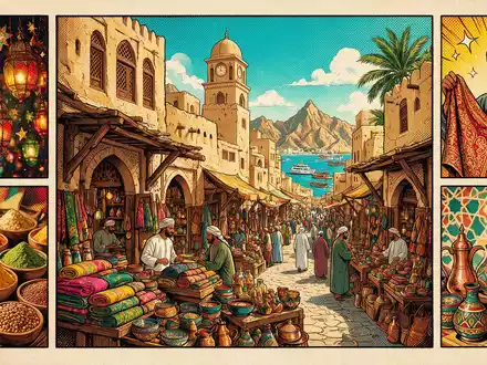 Pop-Art-Comicillustration des Wahrzeichens Mutrah Souq in Maskat Oman, kraeftige Konturen Rasterpunkte und satte Farben - Foto: THN
