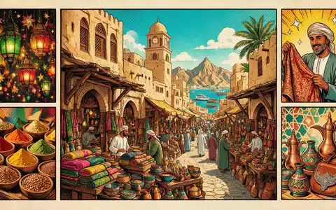 Pop-Art-Comicillustration des Wahrzeichens Mutrah Souq in Maskat Oman, kraeftige Konturen Rasterpunkte und satte Farben - Foto: THN