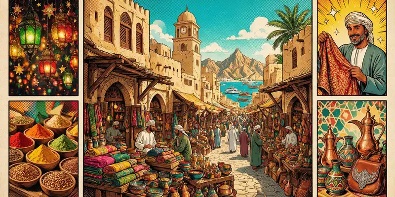 Pop-Art-Comicillustration des Wahrzeichens Mutrah Souq in Maskat Oman, kraeftige Konturen Rasterpunkte und satte Farben - Foto: THN