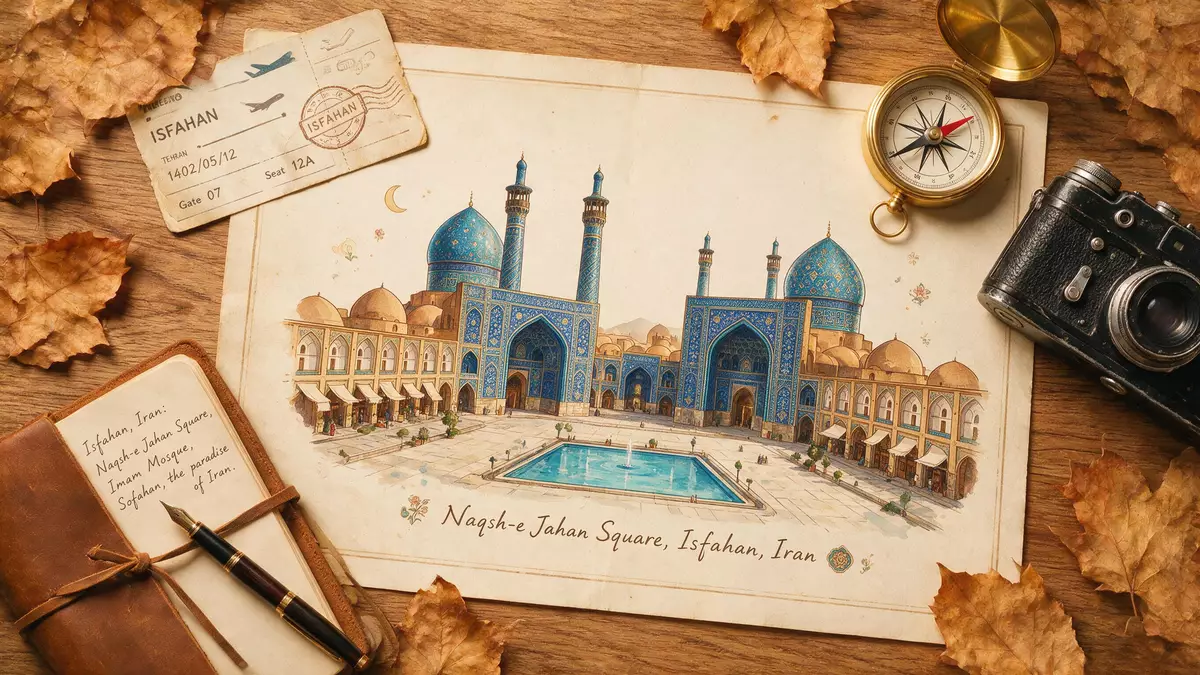 Flatlay-Reise-Arrangement rund um Naqsch-e Dschahan Isfahan in Isfahan, Iran