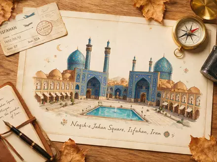 Flatlay-Reise-Arrangement rund um Naqsch-e Dschahan Isfahan in Isfahan Iran, Karte Kompass Kamera und generische Reiserequisiten - Foto: THN