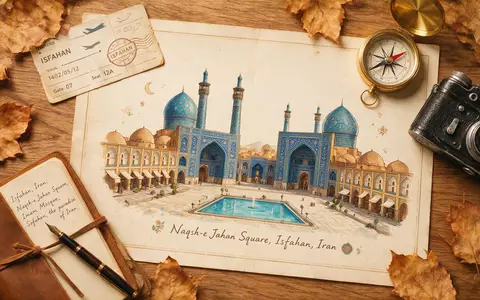 Flatlay-Reise-Arrangement rund um Naqsch-e Dschahan Isfahan in Isfahan Iran, Karte Kompass Kamera und generische Reiserequisiten - Foto: THN