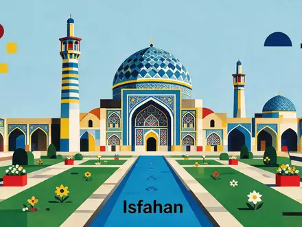 Bauhaus-Poster als geometrische Abstraktion von Naqsch-e Dschahan Isfahan in Isfahan Iran, kraeftige Grundfarben und harte - Foto: THN