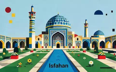 Bauhaus-Poster als geometrische Abstraktion von Naqsch-e Dschahan Isfahan in Isfahan Iran, kraeftige Grundfarben und harte - Foto: THN