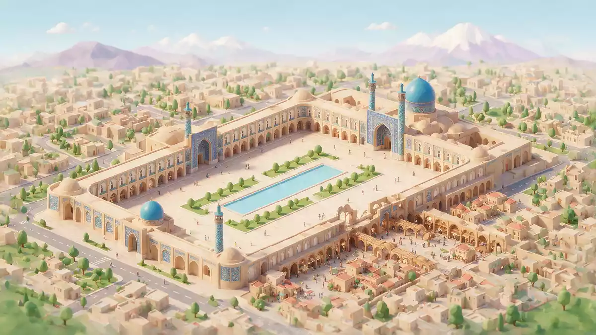 Isometrisches Diorama von Naqsch-e Dschahan Isfahan in Isfahan, Iran in Pastell