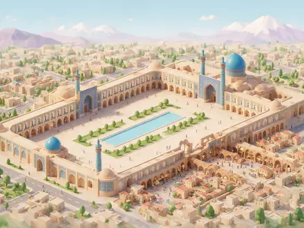Isometrisches Diorama von Naqsch-e Dschahan Isfahan und Umgebung in Isfahan Iran, verspielte Low-Poly-Kulisse in Pastellfarben - Foto: THN
