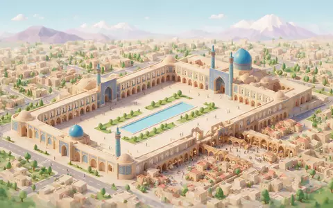 Isometrisches Diorama von Naqsch-e Dschahan Isfahan und Umgebung in Isfahan Iran, verspielte Low-Poly-Kulisse in Pastellfarben - Foto: THN