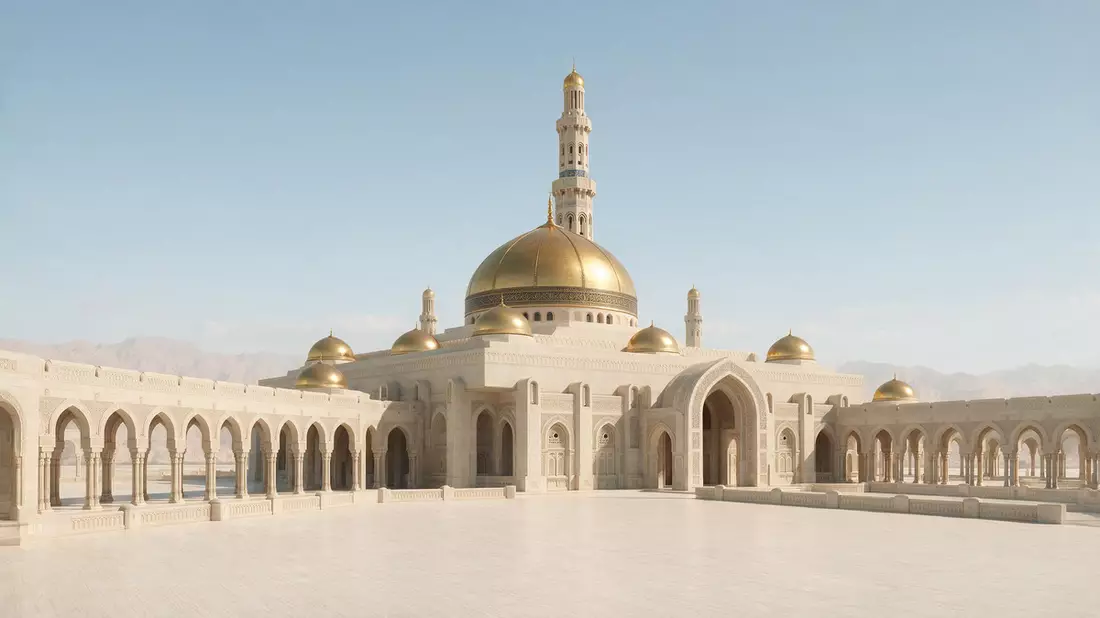 Architektur-Render von Sultan-Qabus-Moschee Maskat in Maskat, Oman bei Tageslicht