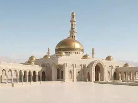Moderner Architektur-Render zeigt Silhouette von Sultan-Qabus-Moschee Maskat in Maskat Oman, klare Linien und neutrales Tageslicht - Foto: THN