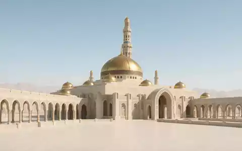 Moderner Architektur-Render zeigt Silhouette von Sultan-Qabus-Moschee Maskat in Maskat Oman, klare Linien und neutrales Tageslicht - Foto: THN