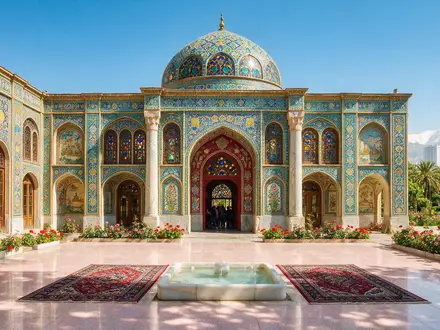 Editorialbild im Reisemagazin-Stil vom Wahrzeichen Golestan-Palast Teheran in Teheran Iran, ausgewogene Bildgestaltung und natuerliches Umgebungslicht - Foto: THN