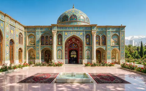 Editorialbild im Reisemagazin-Stil vom Wahrzeichen Golestan-Palast Teheran in Teheran Iran, ausgewogene Bildgestaltung und natuerliches Umgebungslicht - Foto: THN